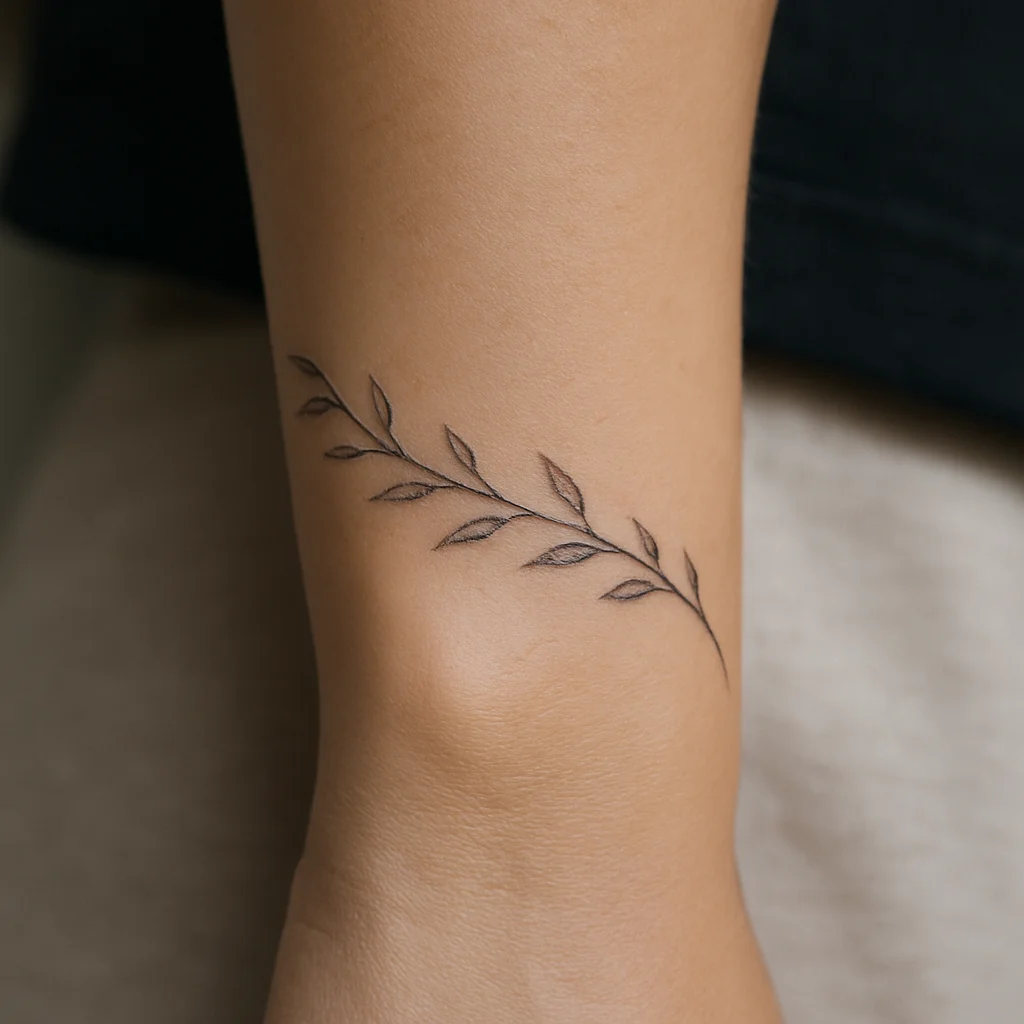 Fine-line botanical vine bracelet tattoo wrapping the wrist with a soft gap