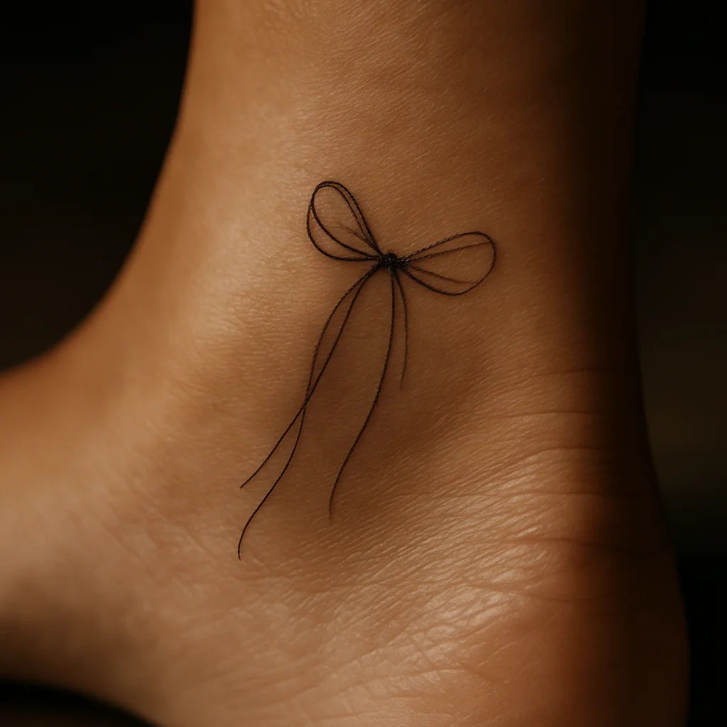 Fine-line bow tattoo with trailing ribbon tails on the back of the ankle