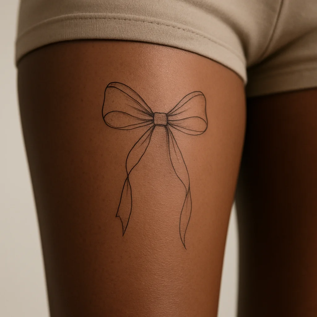 Fine-line bow tattoo with trailing ribbons on the lower inner thigh