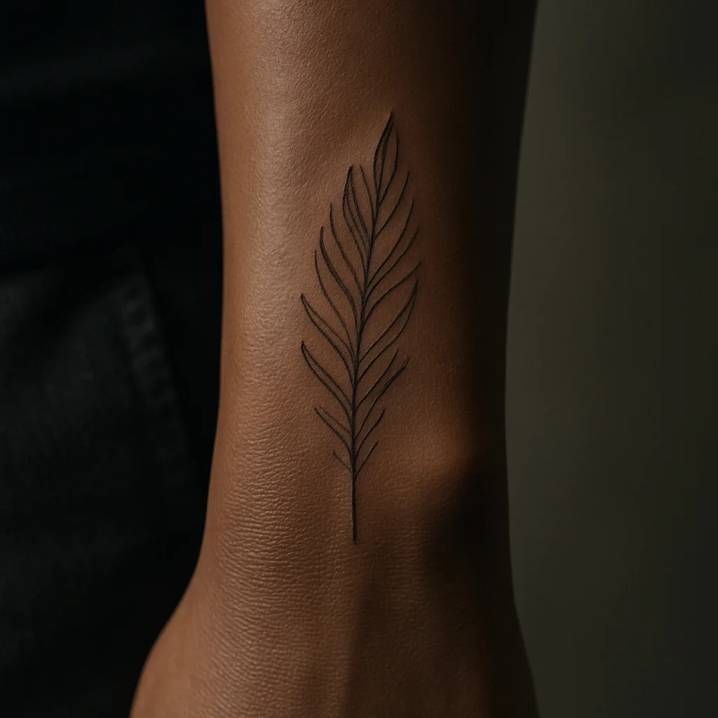 Fine-line broken-line feather tattoo following the bone on the side of the wrist