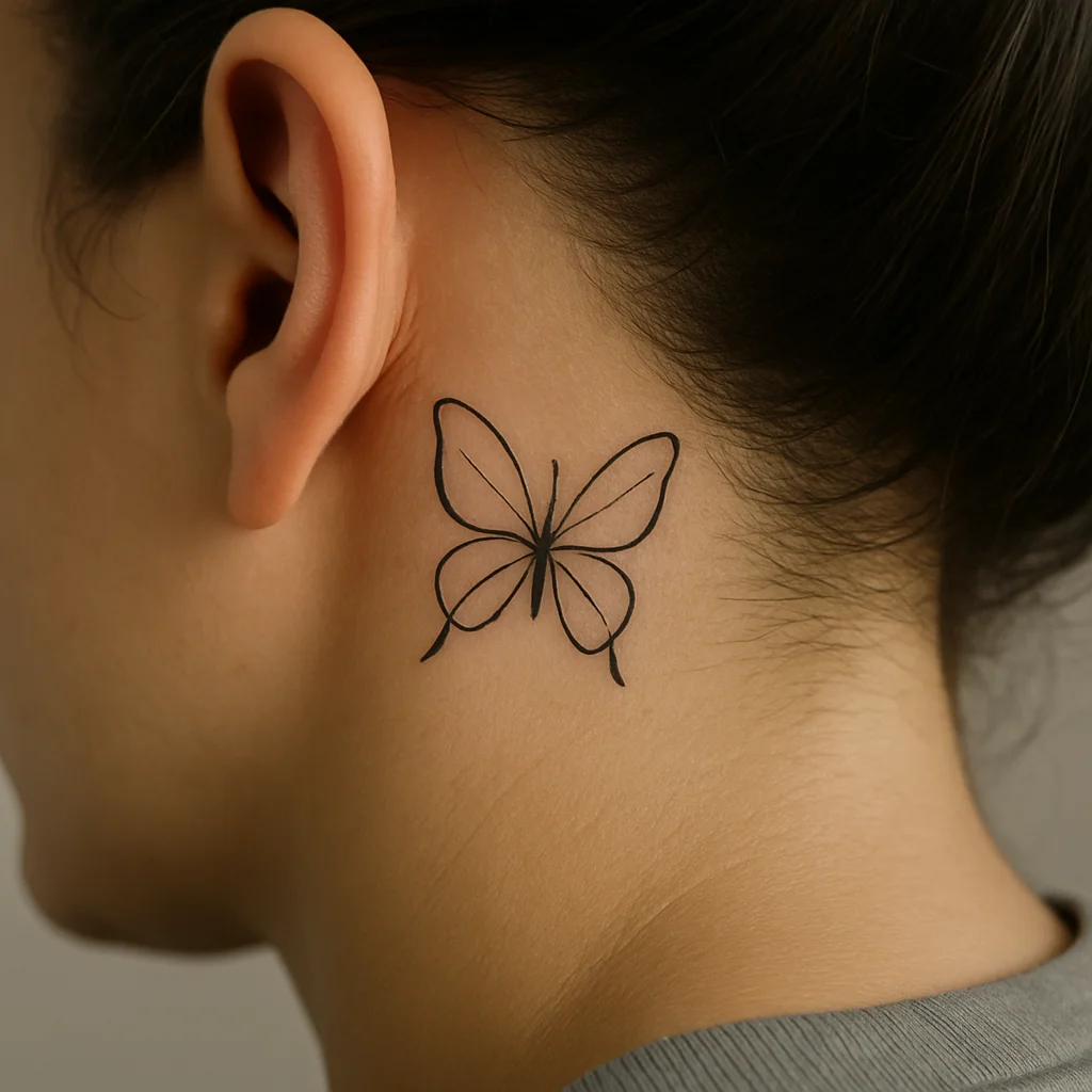 Fine-line butterfly outline tattoo behind the ear