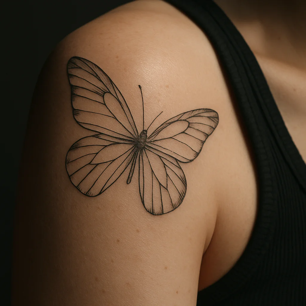 Fine-line butterfly split across the shoulder seam onto the upper arm of a woman
