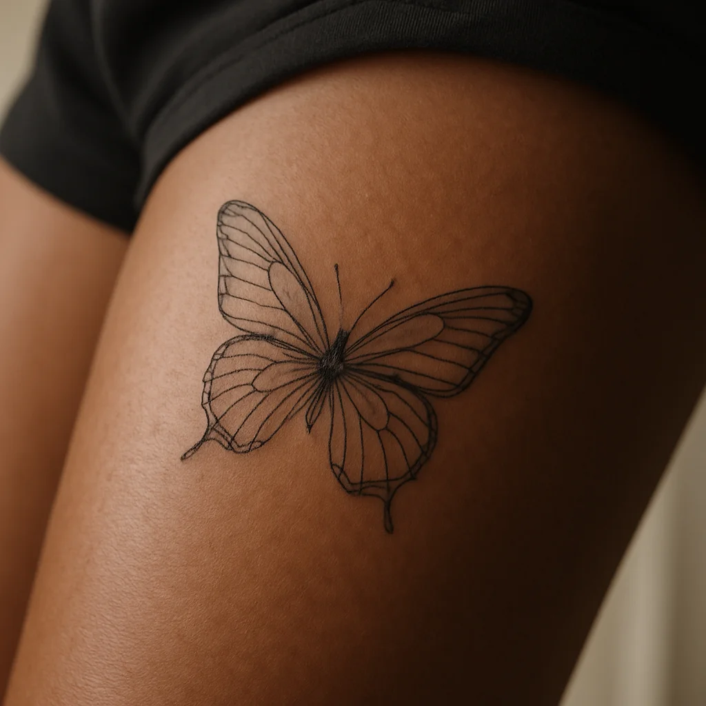 Fine-line butterfly tattoo with open wings placed just above the knee on the inner thigh