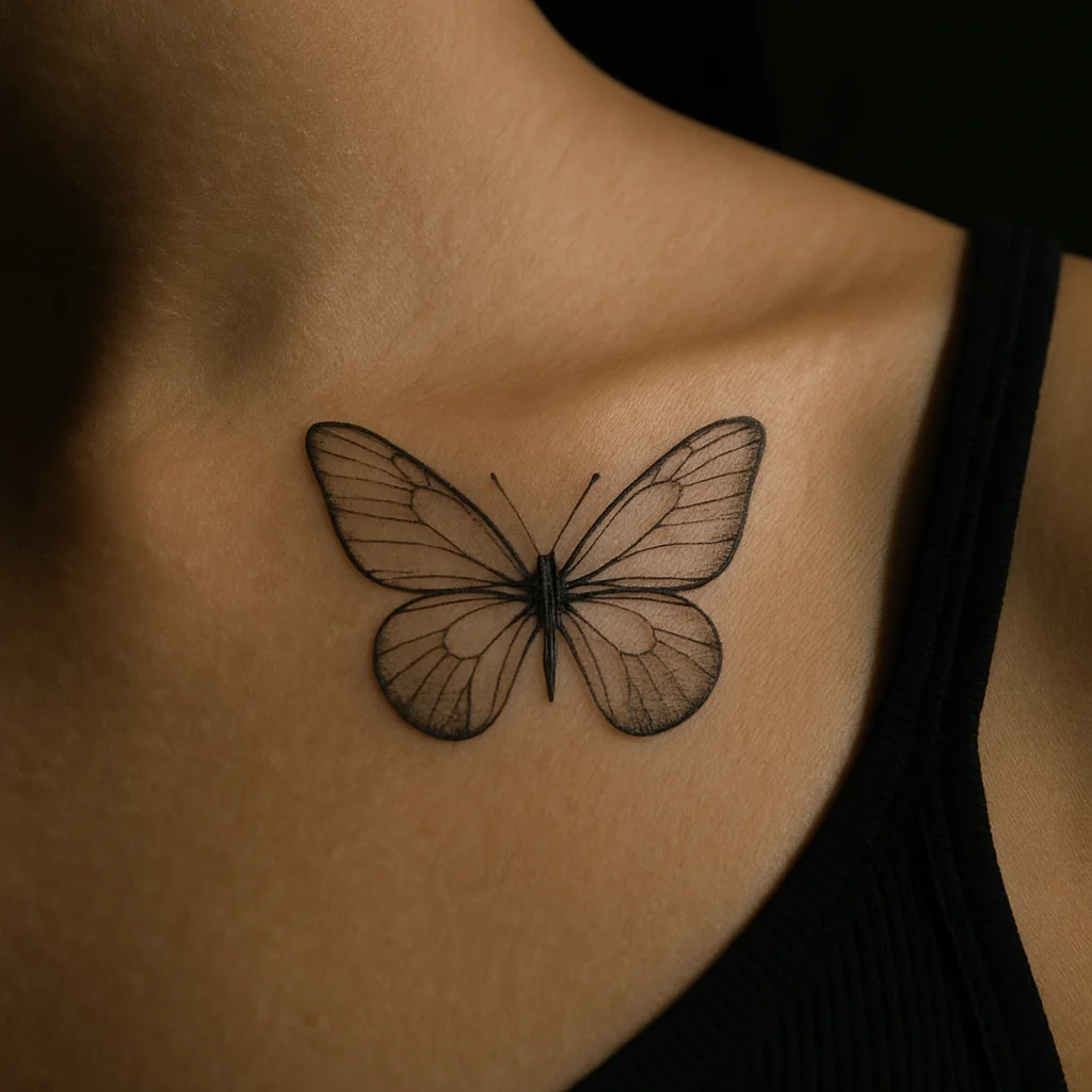Fine-line butterfly with dotwork shading tattooed above the collarbone