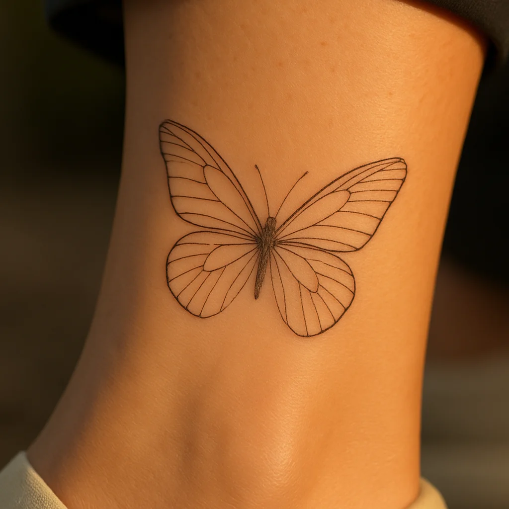 Fine-line butterfly with open wings tattooed behind the outer ankle bone