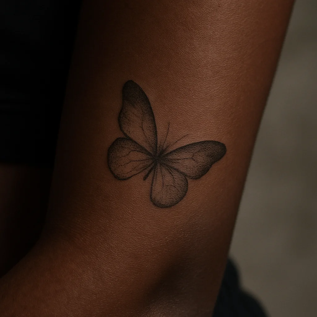 Fine-line butterfly with softly stippled wings angled on the lower inner forearm