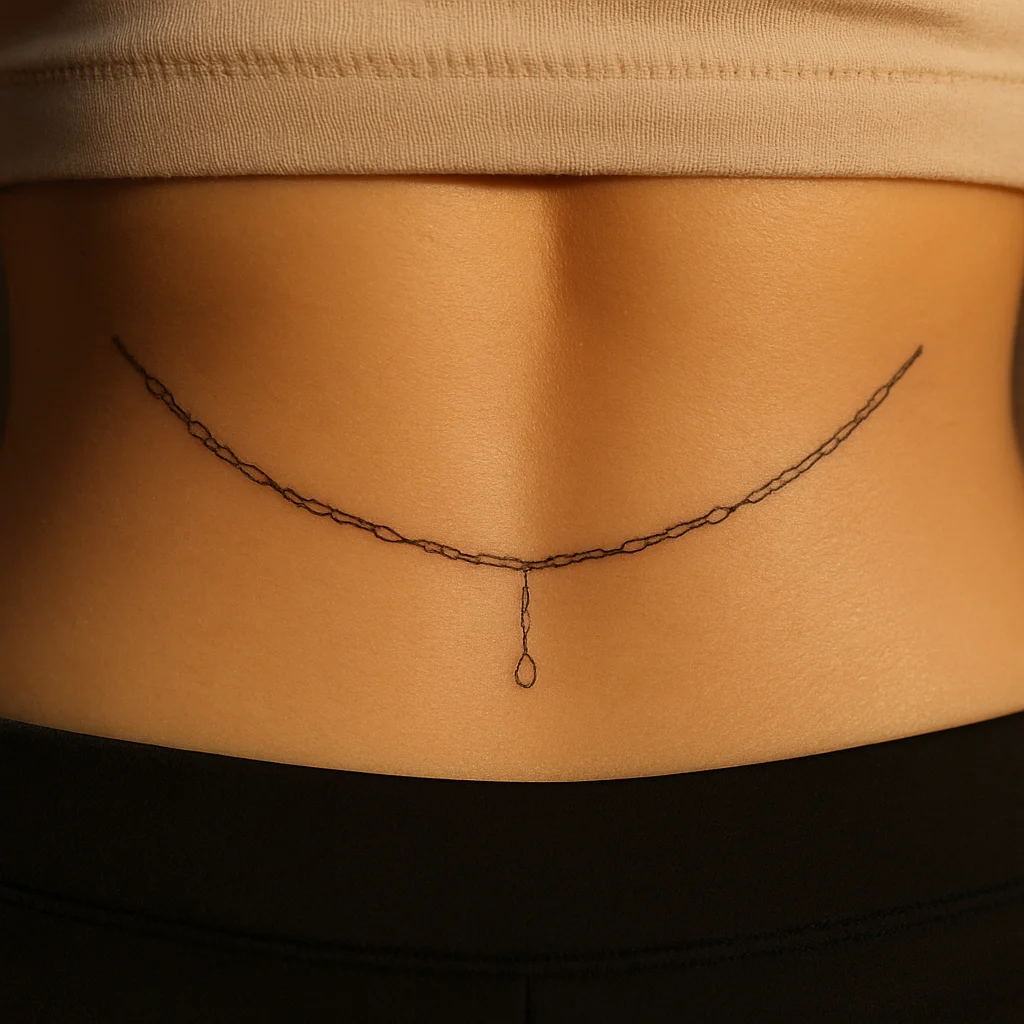 Fine-line chain and charm tattoo draped across the lower back