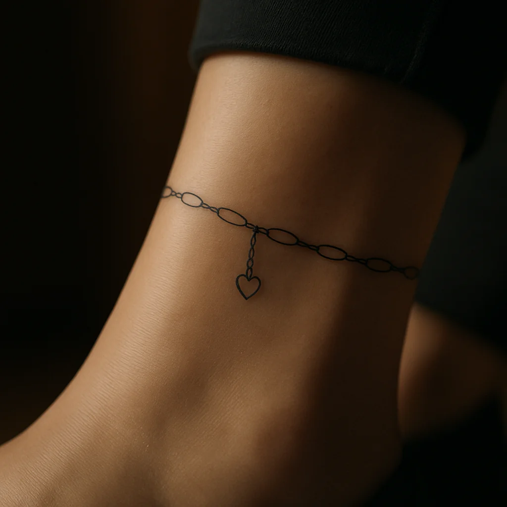 Fine-line chain anklet tattoo with a small hanging heart charm on the ankle