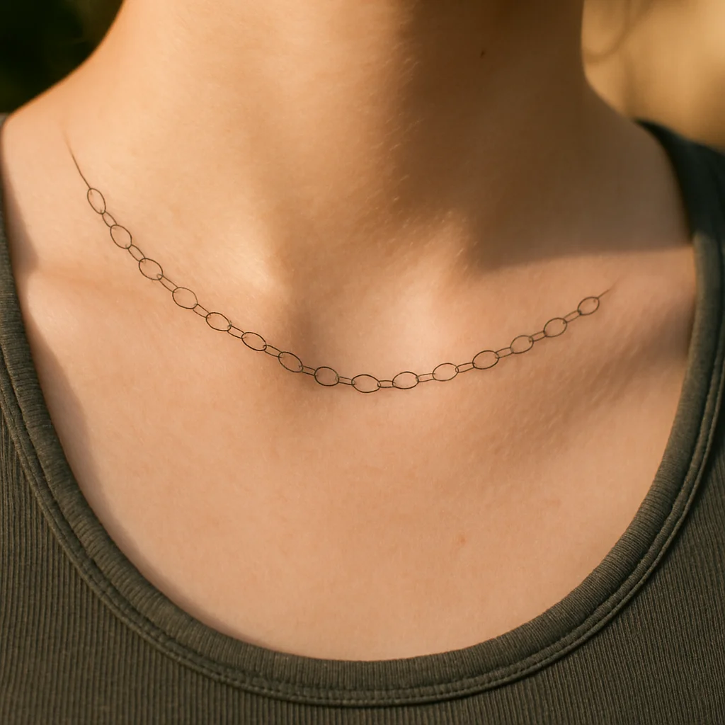 Fine-line chain of linked circles tattooed along the collarbone like a necklace