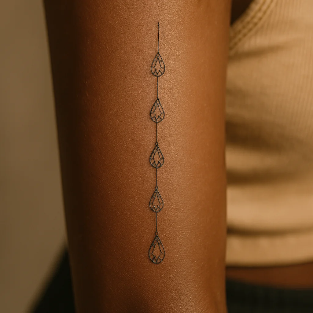 Fine-line chandelier gem drop tattoo running down a woman's inner arm in black and grey