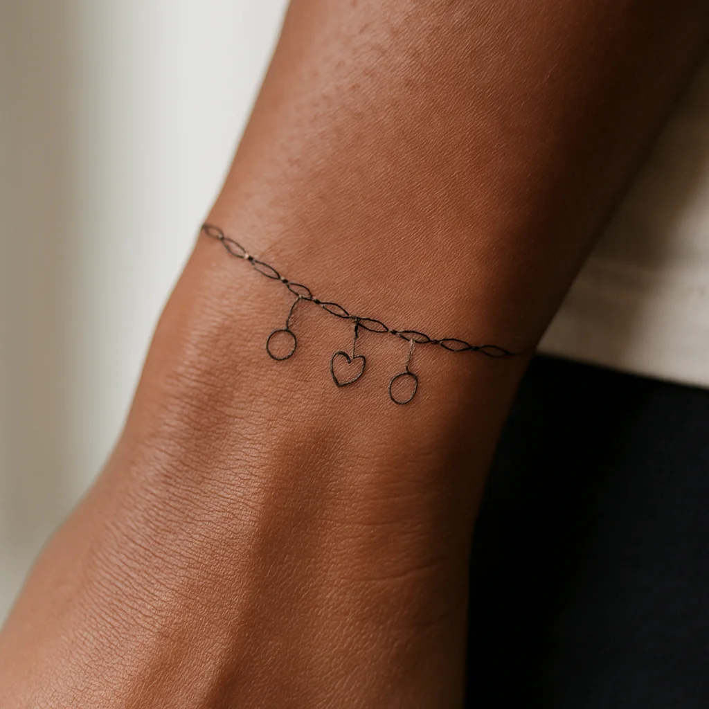 Fine-line charm bracelet tattoo with three hanging charms around the wrist