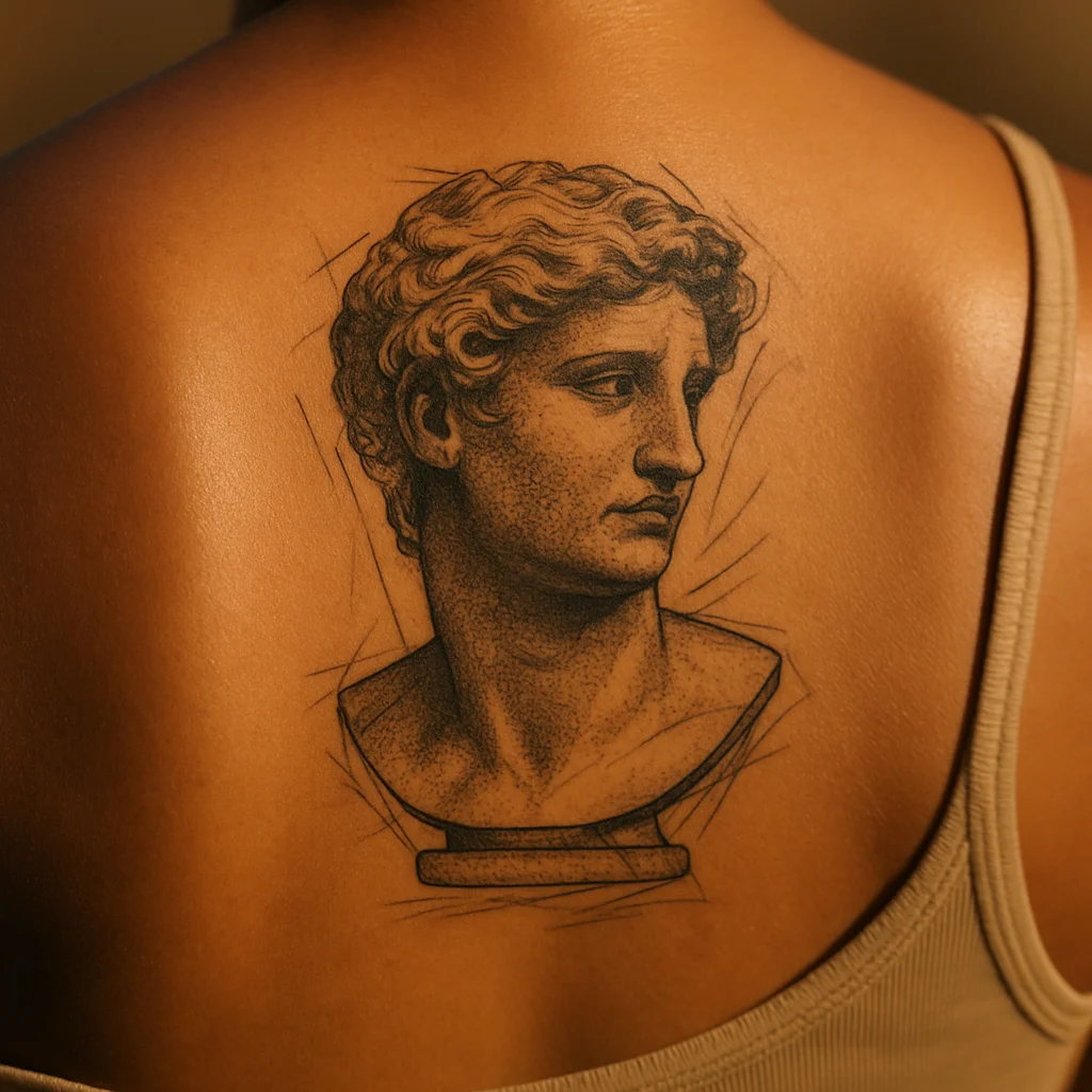 Fine-line classical statue tattoo shaded between the shoulder blades