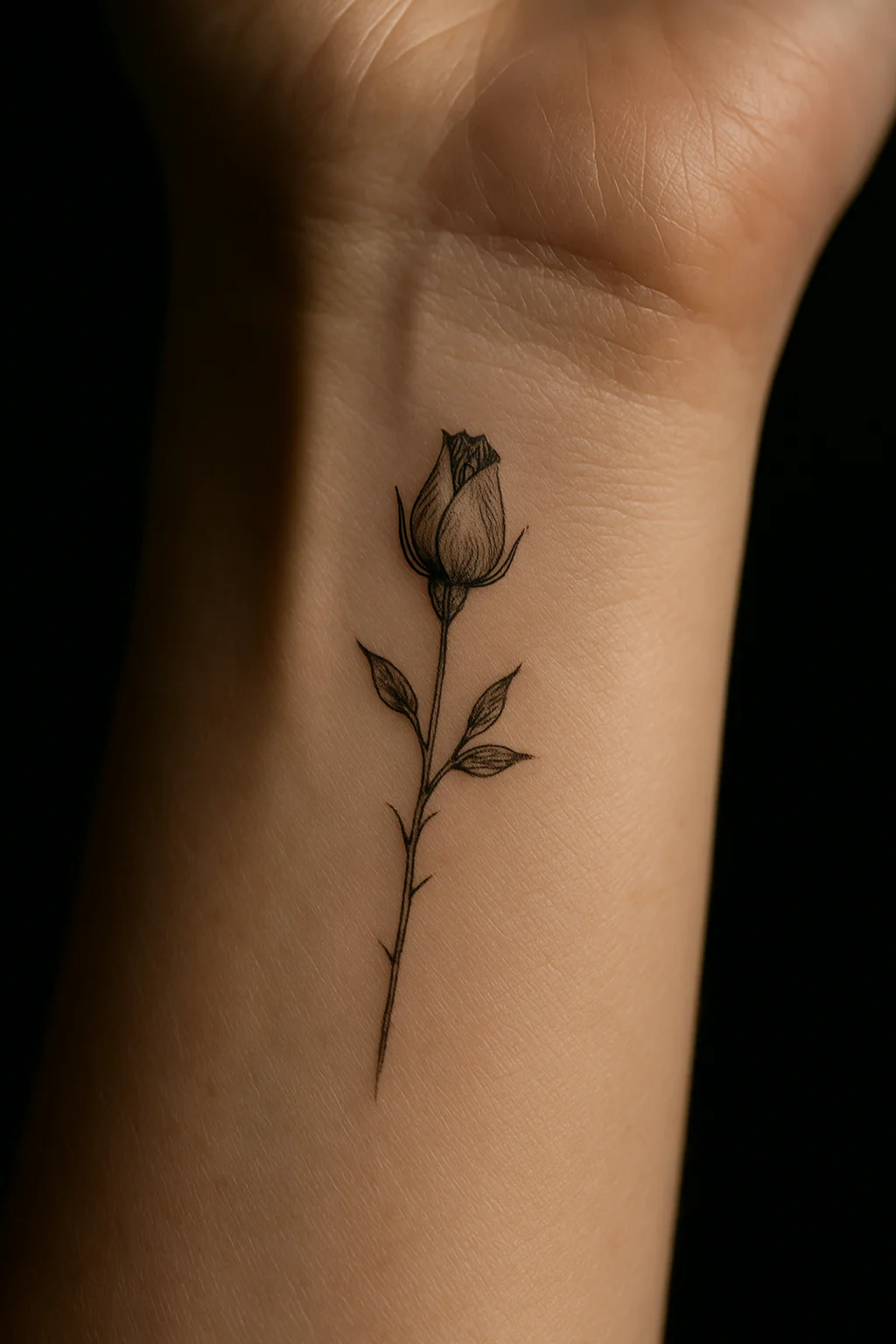 Fine line closed rosebud on a thorned stem tattooed on the inner wrist