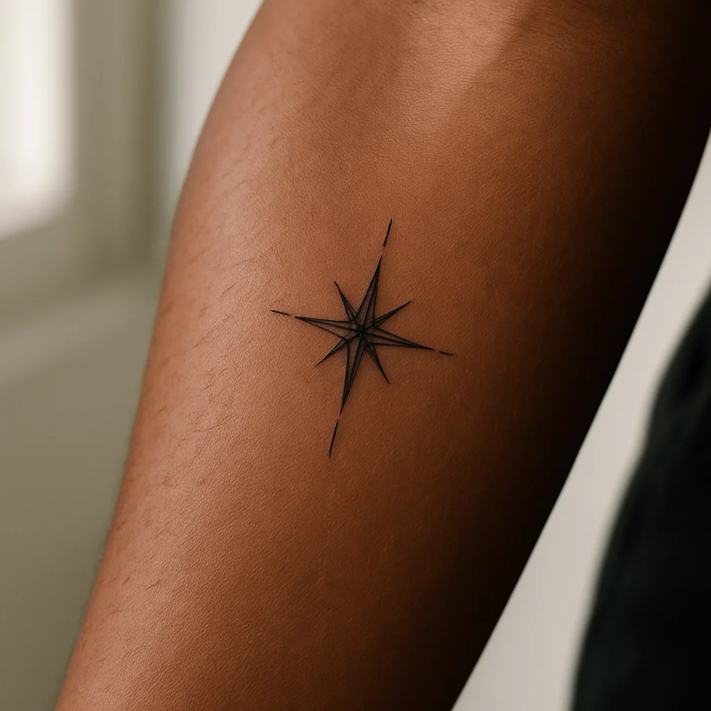 Fine-line compass rose tattoo on inner forearm symbolizing a formative place and a completed chapter of life