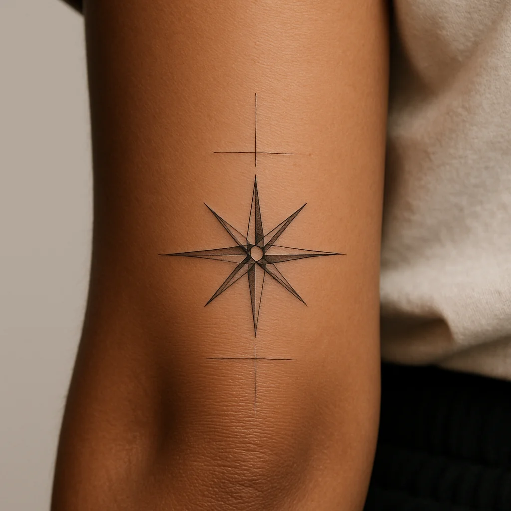 Fine-line compass rose with latitude lines placed centrally on a man's inner forearm