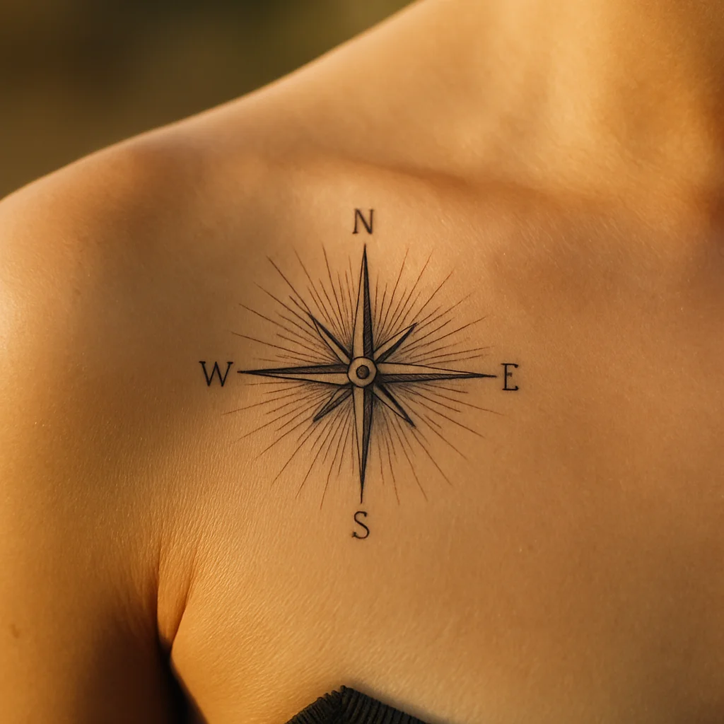 Fine-line compass rose with radiating hairline rays on the shoulder