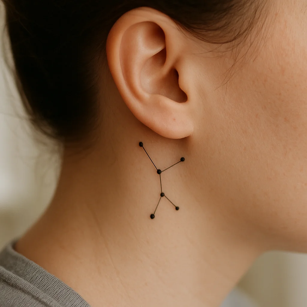 Fine-line constellation tattoo with dots and thin connecting lines behind the ear