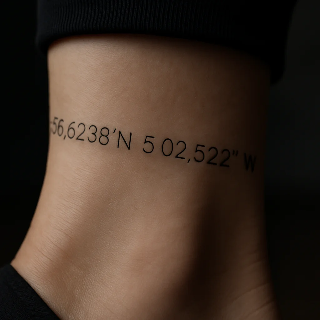 Fine-line coordinates band tattooed around a man's ankle above the bone