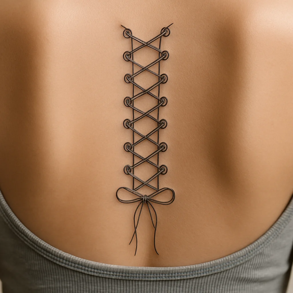 Fine-line corset lacing tattoo with ribbon bow running down the back