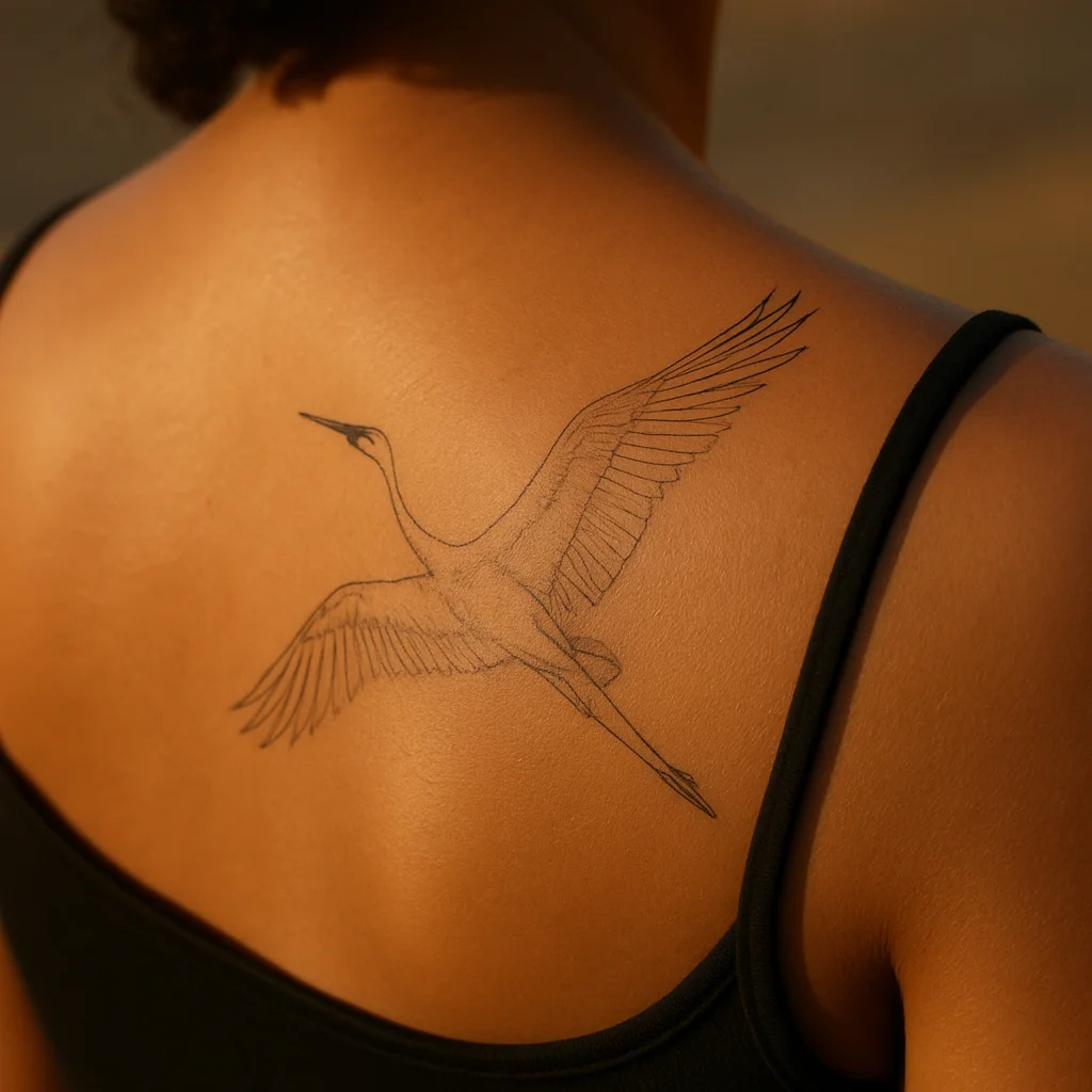 Fine-line crane in flight tattooed along the diagonal of a woman's shoulder blade