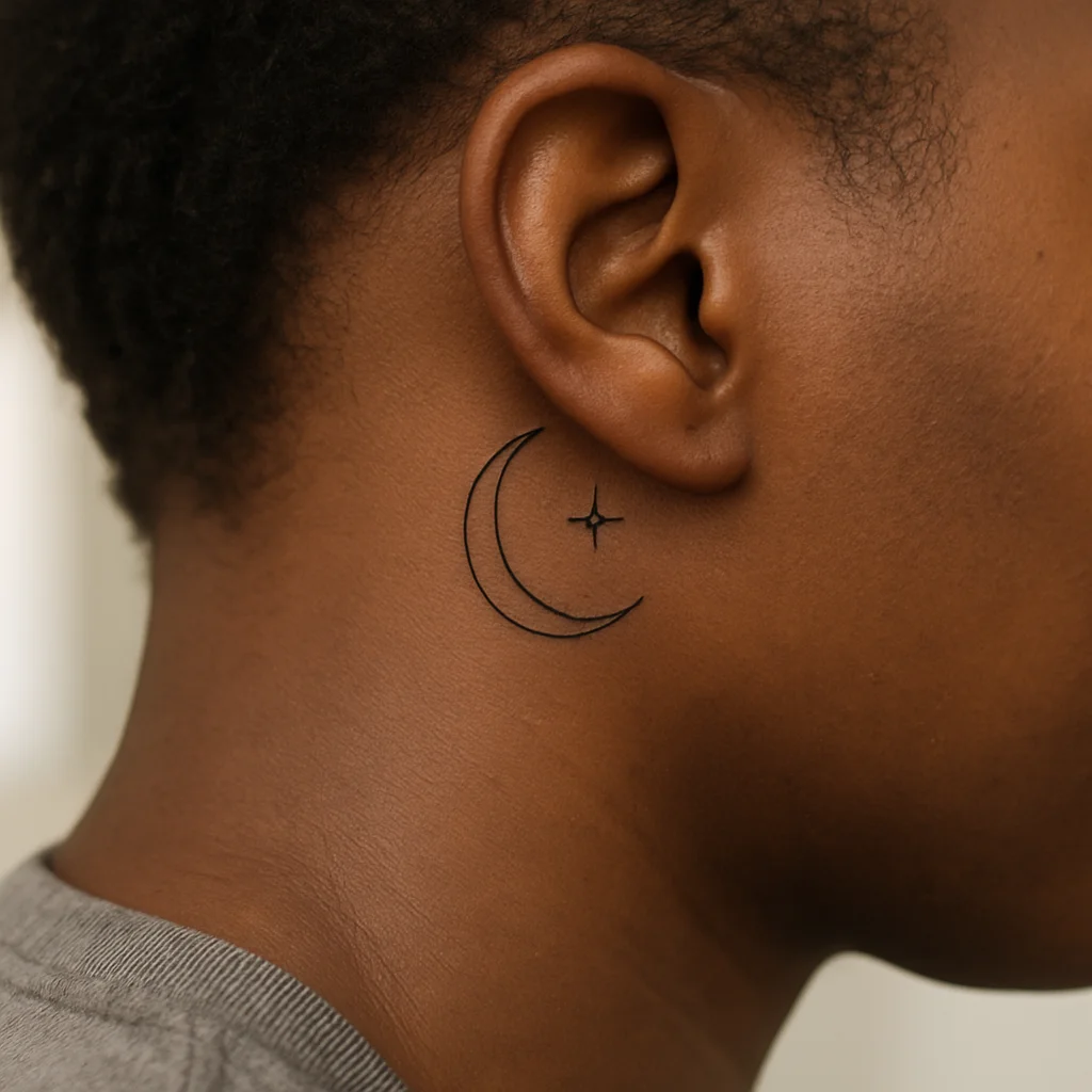 Fine-line crescent moon and four-point star tattoo behind the ear