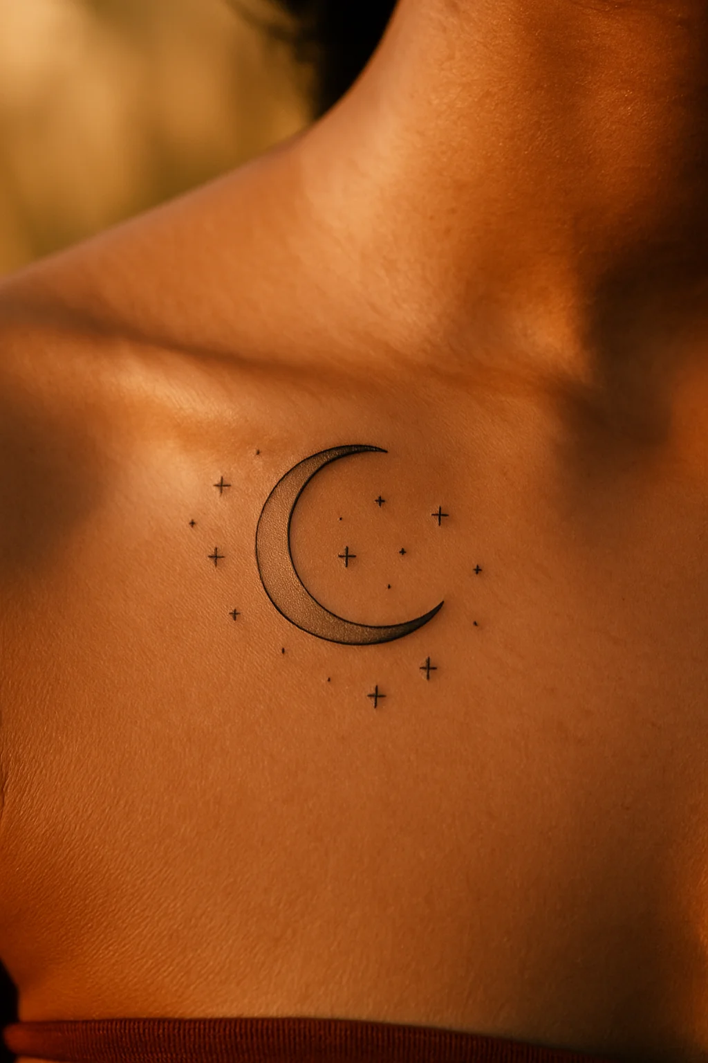Fine-line crescent moon and tiny stars tattoo along the collarbone