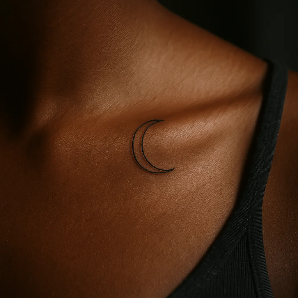 Fine-line crescent moon tattoo nested in the hollow above the collarbone