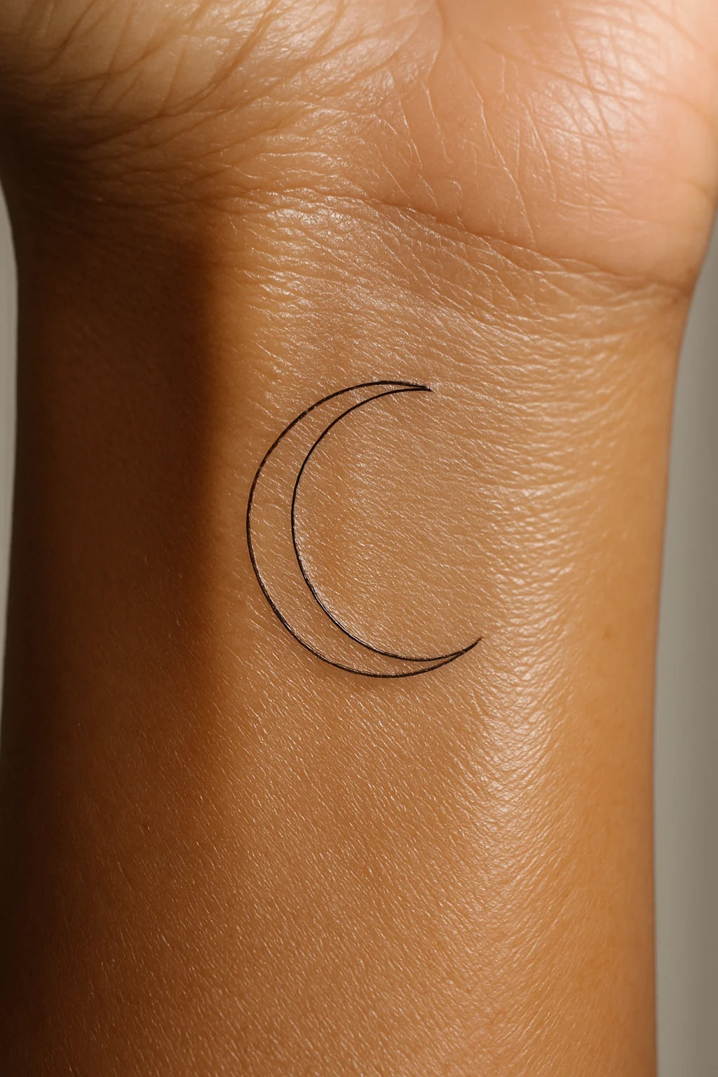 Fine-line crescent moon tattoo on the inner wrist on its first day of healing