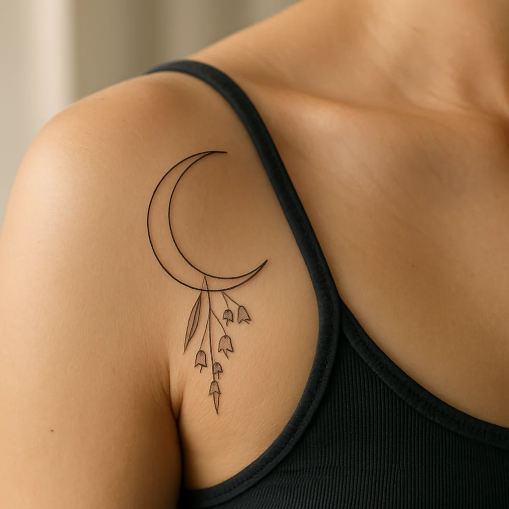 Fine-line crescent moon with lily of the valley stems hanging beneath it on the shoulder