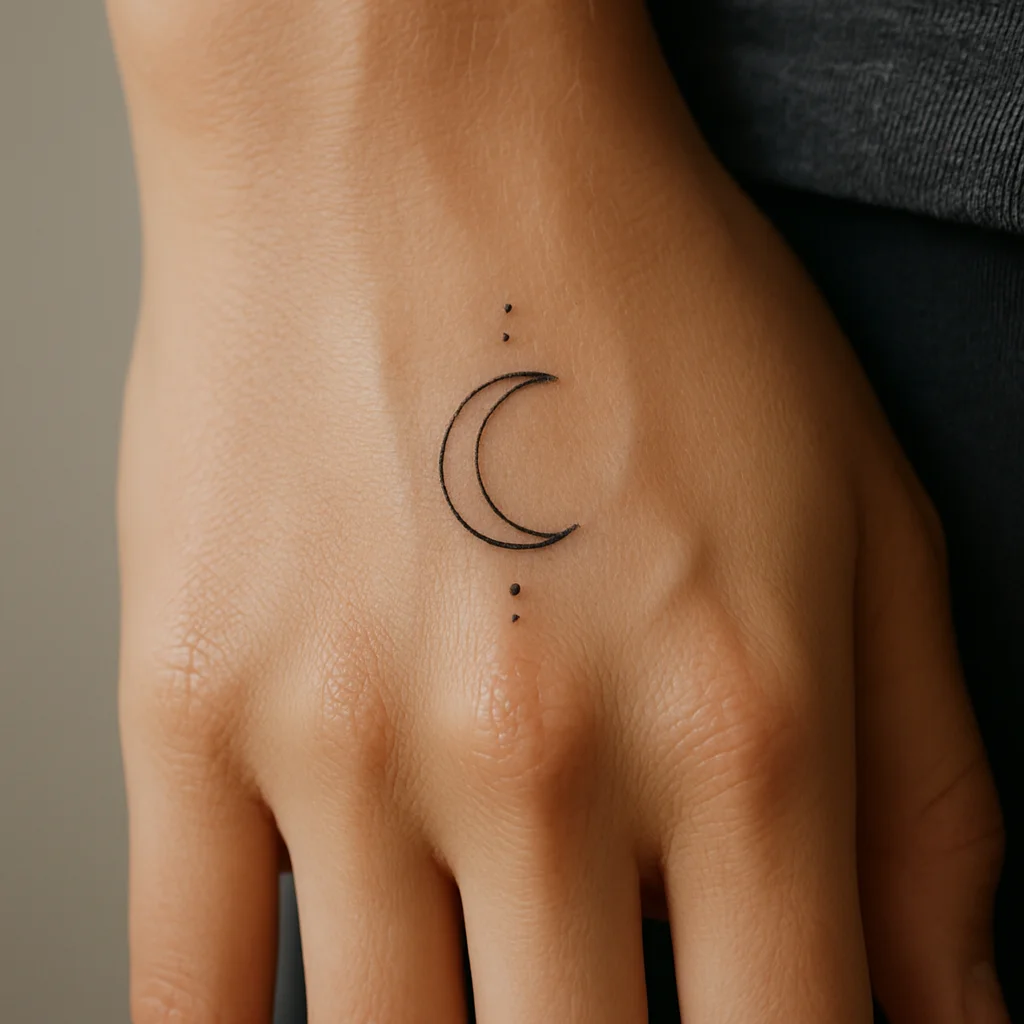 Fine-line crescent moon with three small dots tattooed between the tendons on the back of a woman's hand