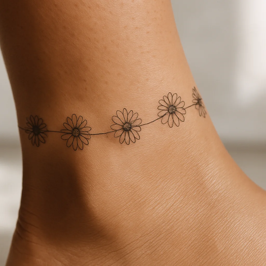 Fine-line daisy chain anklet tattoo circling above the ankle bone
