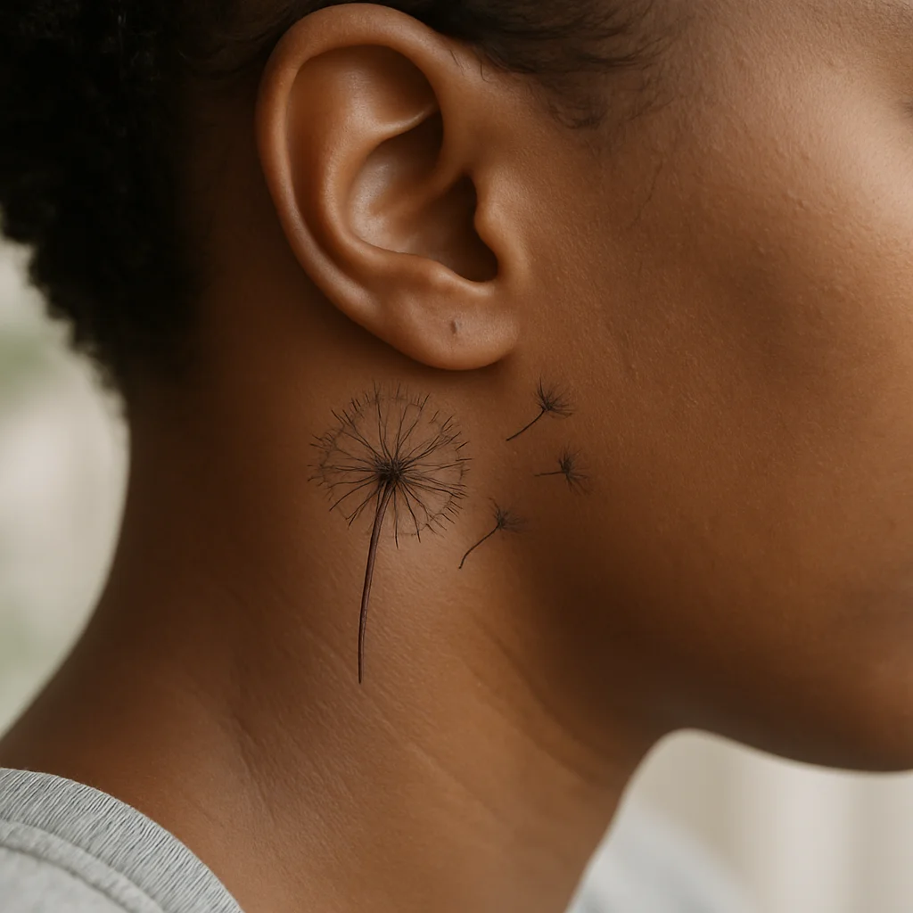 Fine-line dandelion with drifting seeds tattooed behind the ear