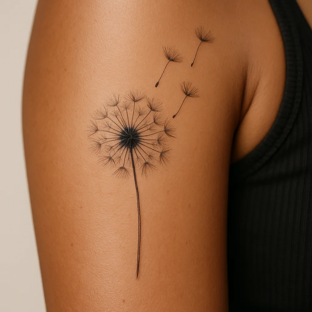Fine-line dandelion with drifting seeds tattooed on the back of a woman's upper arm