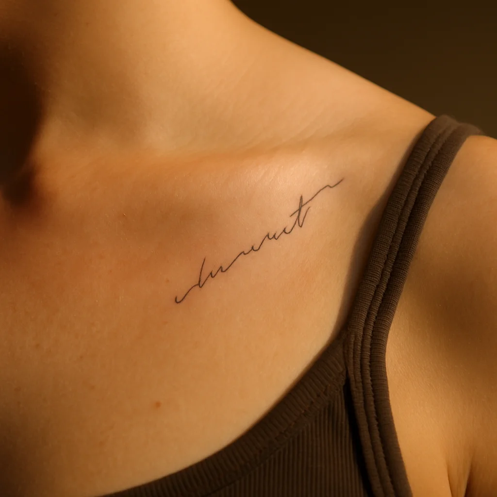 Fine-line diagonal script tattoo along the chest to shoulder seam