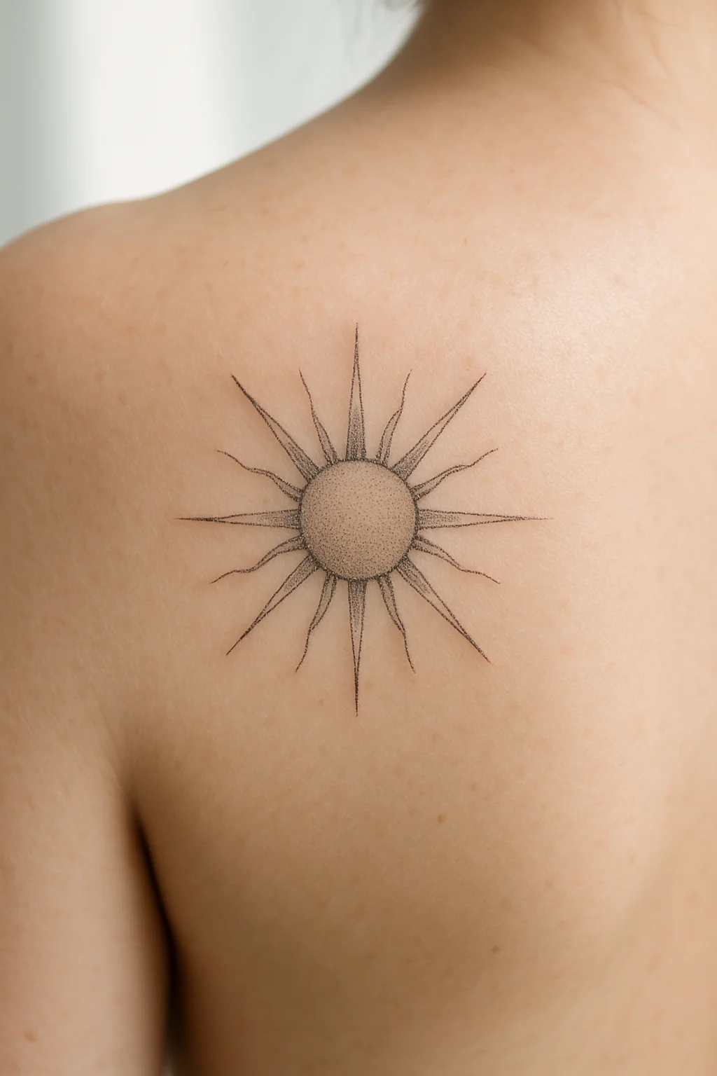 Fine-line dotwork sun tattoo settling on the shoulder blade in week three