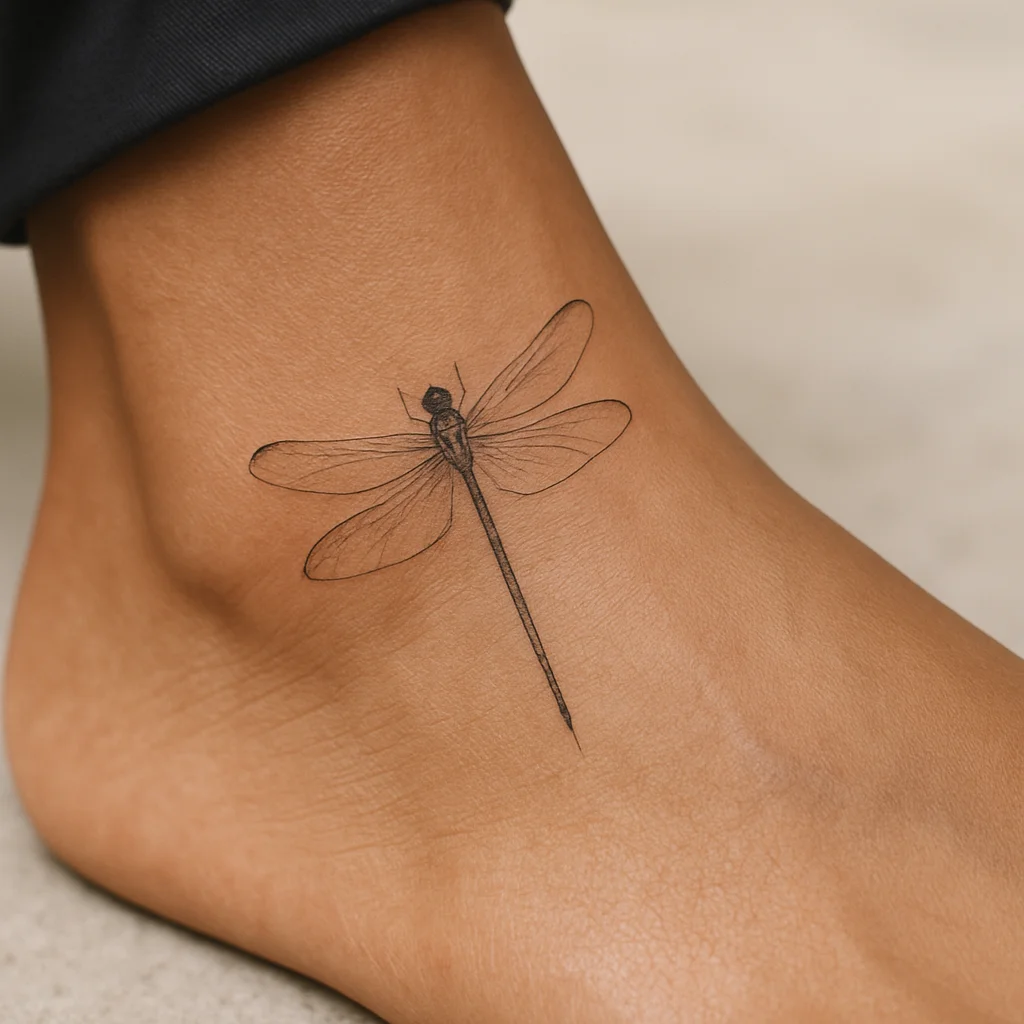 Fine-line dragonfly tattoo bridging the ankle and the top of the foot