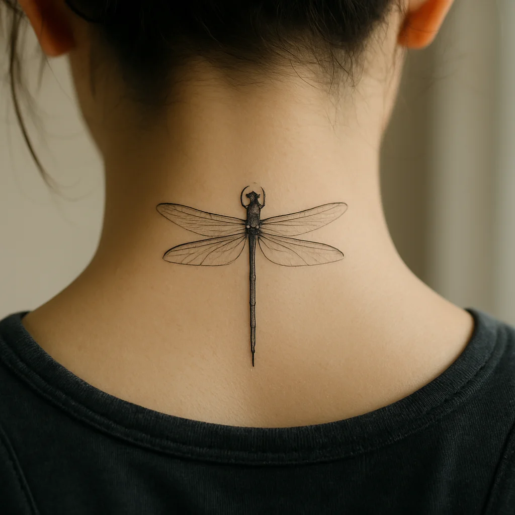 Fine-line dragonfly tattoo with folded wings on the nape of a woman's neck