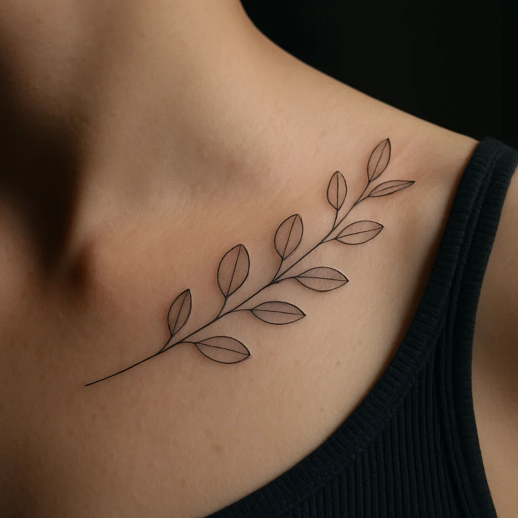 Fine-line eucalyptus sprig following the S-curve of the collarbone bone line