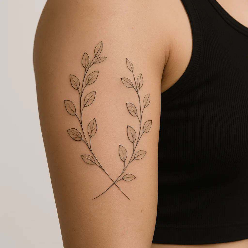 Fine-line eucalyptus stems wrapping the upper arm below the shoulder cap