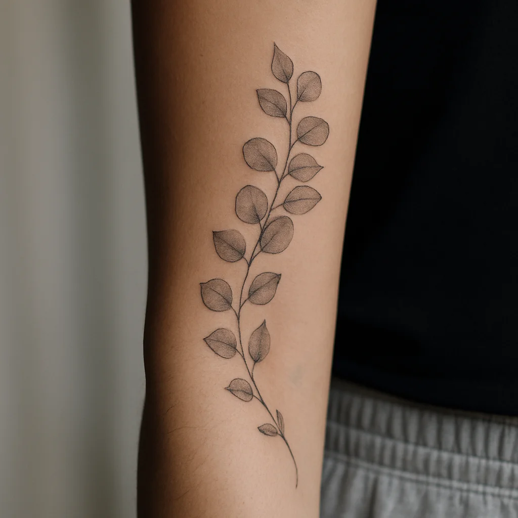 Fine-line eucalyptus vine wrapping from elbow to wrist on the forearm