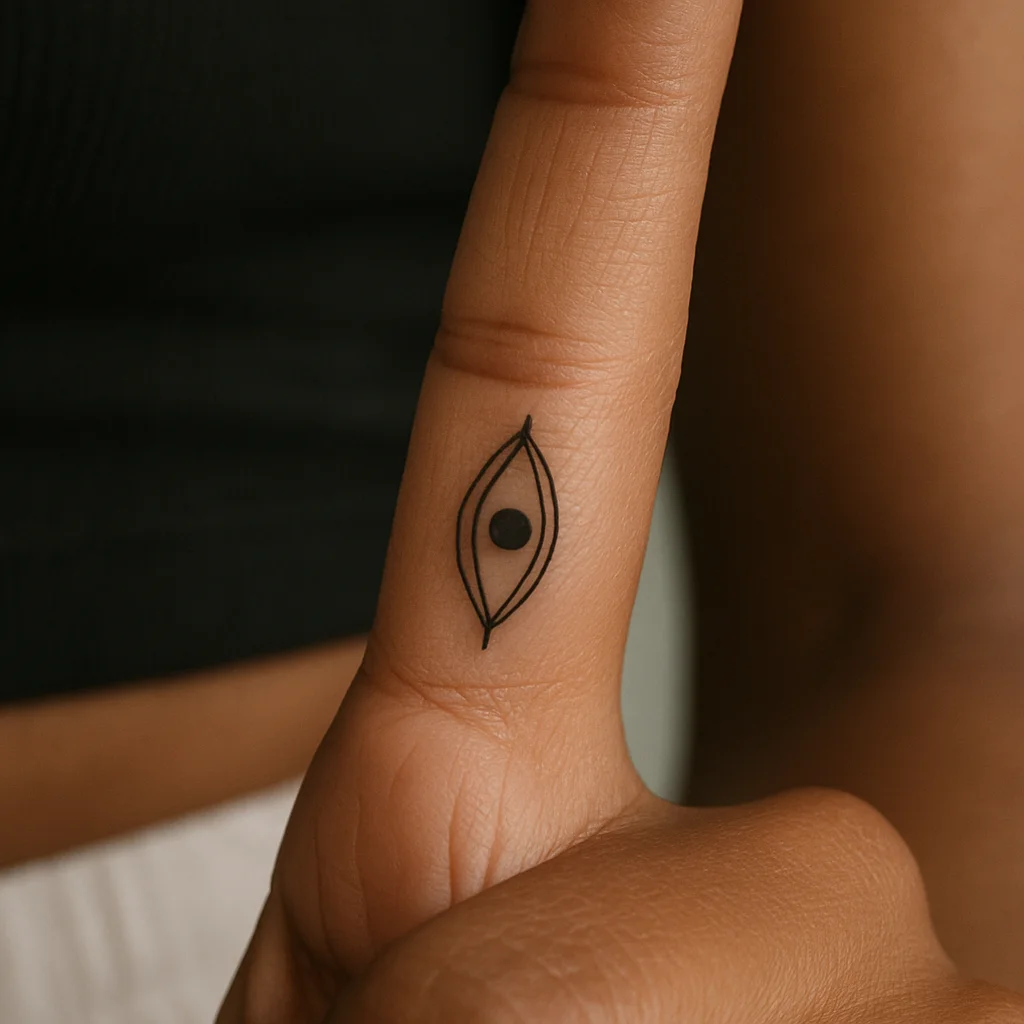 Fine-line evil eye tattoo at the palm-side base of an index finger