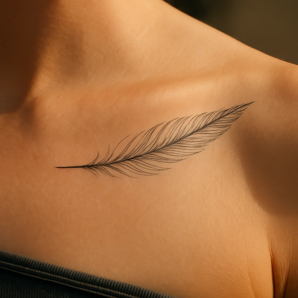 Fine-line feather tattoo angled along the hollow above the collarbone