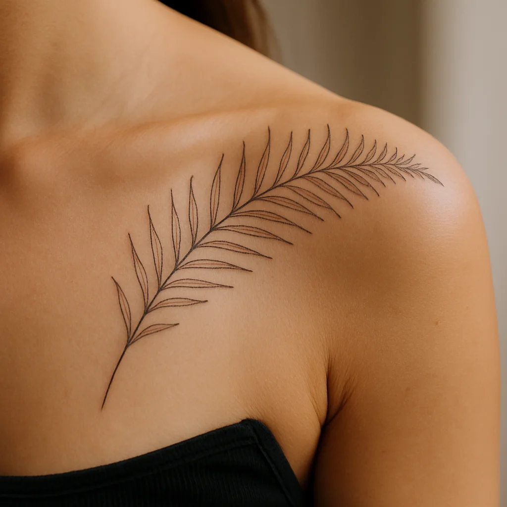 Fine-line fern frond arching from the outer collarbone across the shoulder