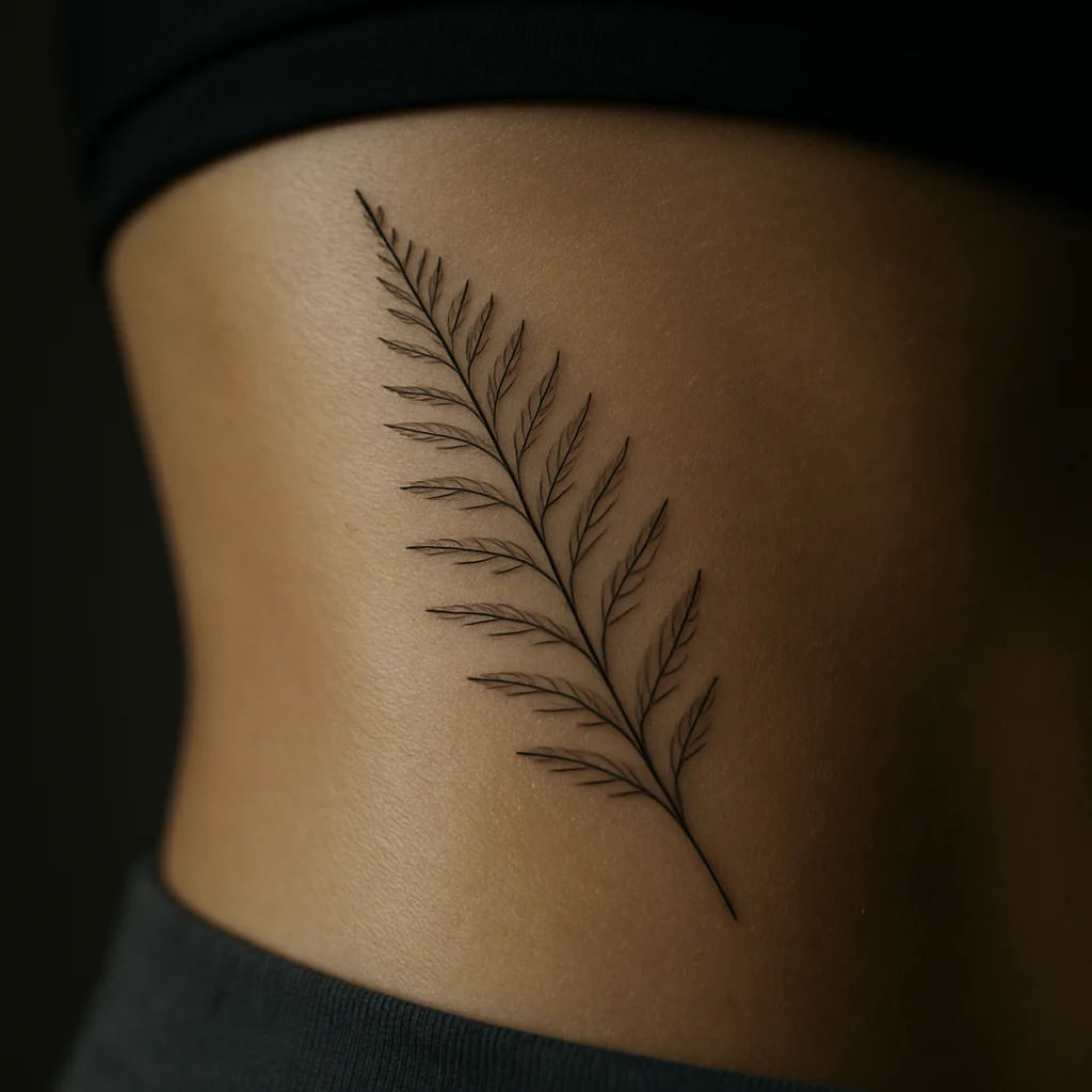 Fine-line fern frond following a single rib on the side of the ribcage