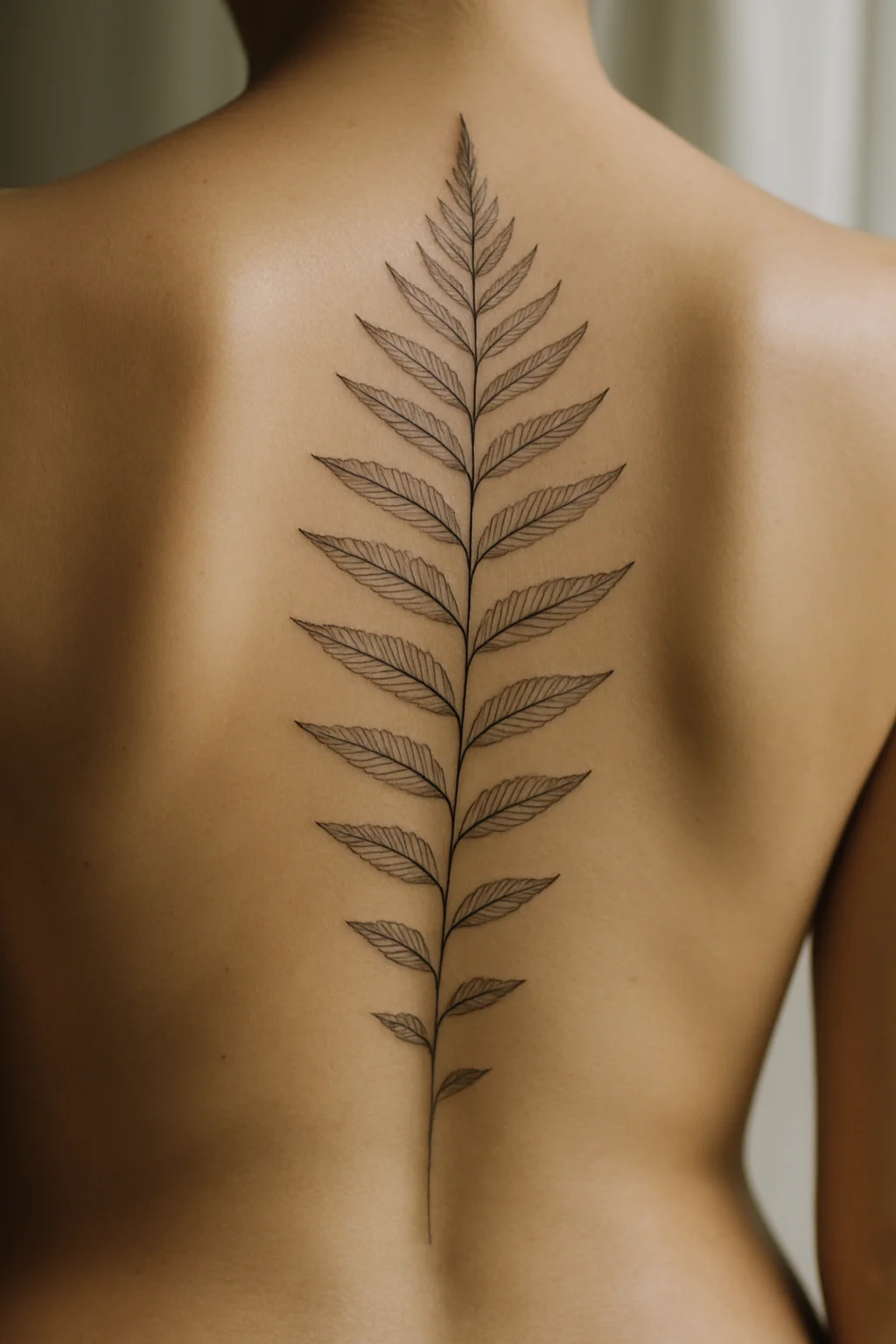 Fine-line fern frond following the spine with pinnae shrinking toward the lower back