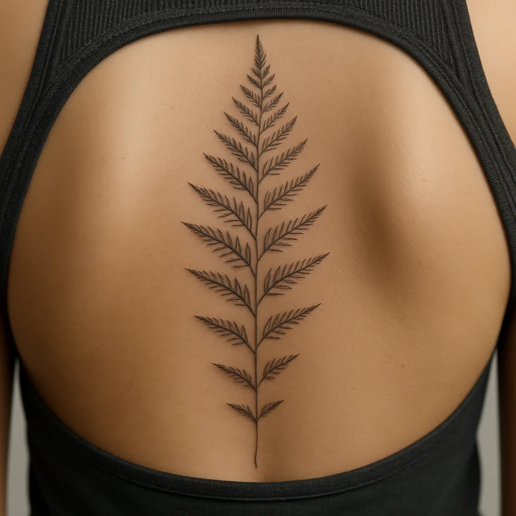 Fine-line fern frond tattoo curving down the spine with pinnae tapering along the vertebrae
