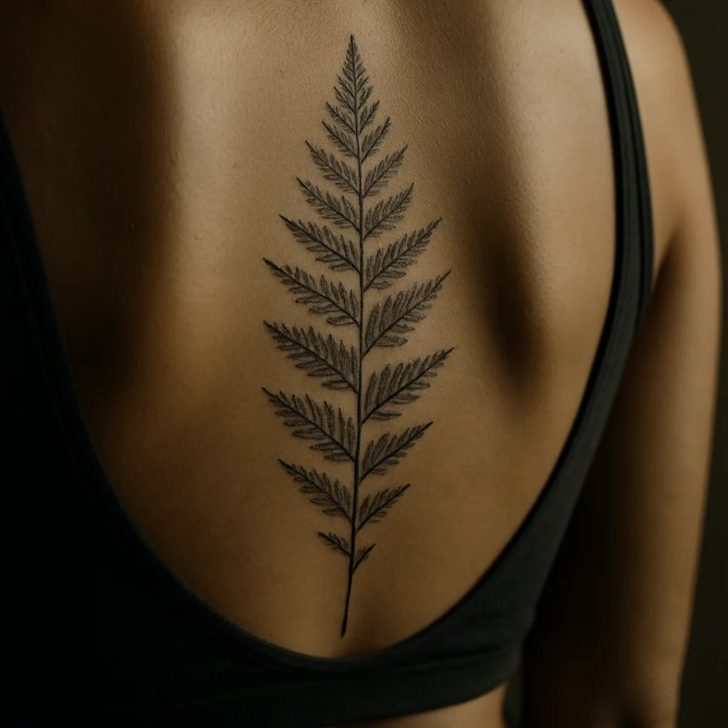 Fine-line fern frond tattoo pointing down the spine from the base of the neck