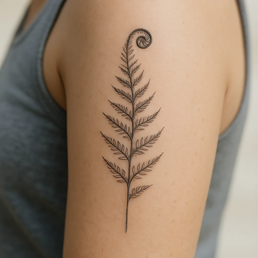 Fine-line fern frond with curled tip tattooed vertically on a woman's tricep