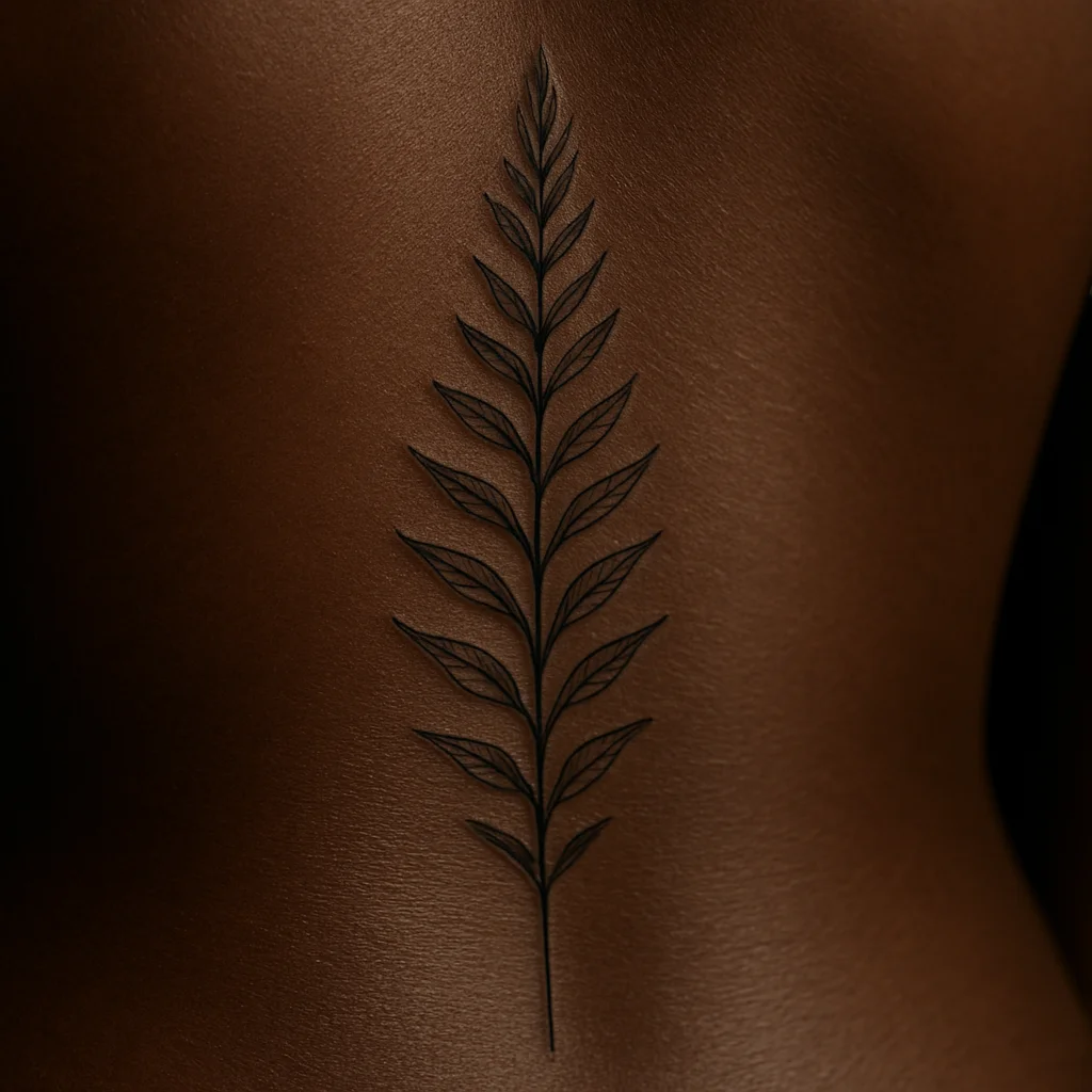 Fine-line fern tattoo running down the spine with fronds narrowing toward the lower back