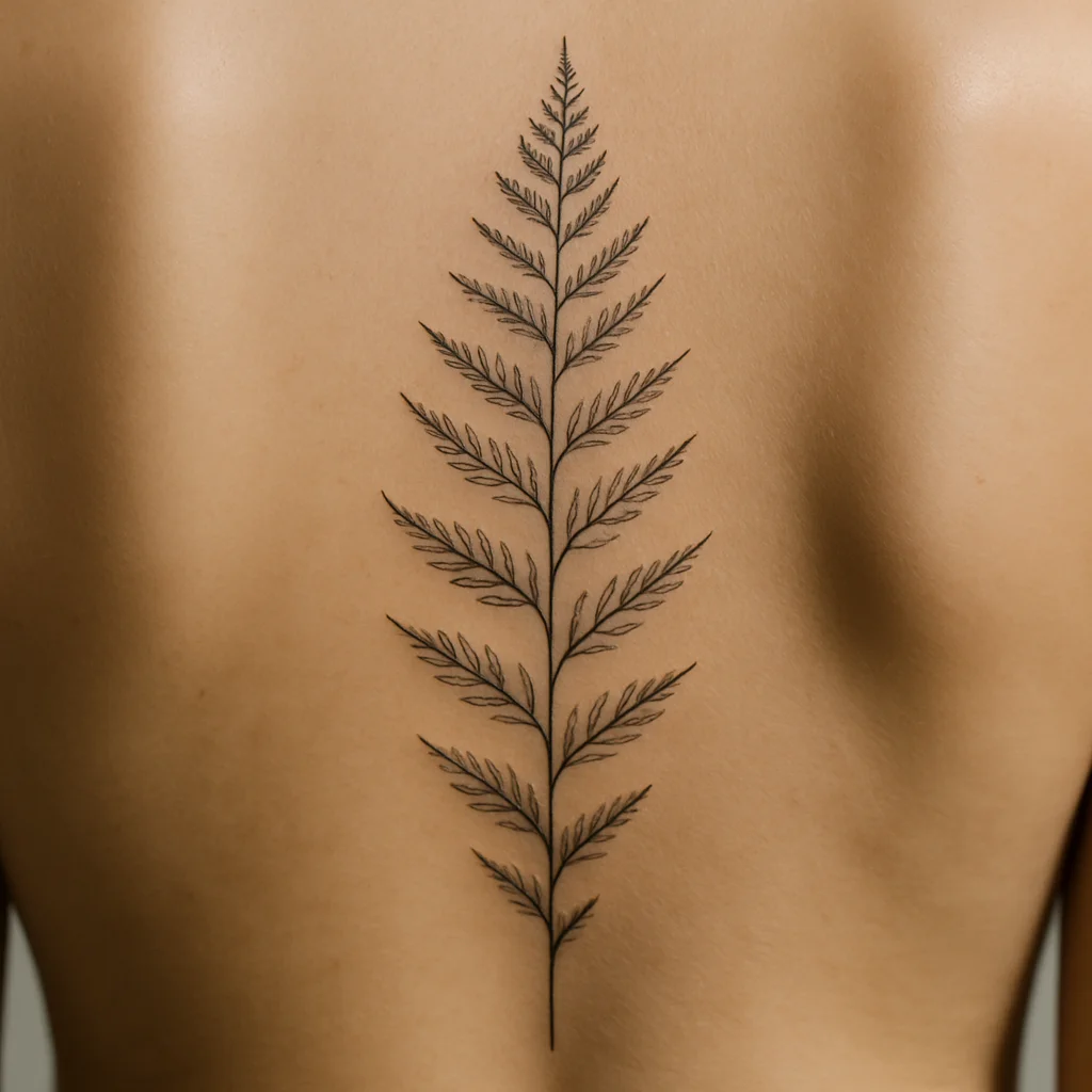 Fine-line fern with narrowing fronds tattooed down a woman's spine